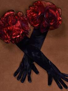 1 Pair Gothic Style Black Long Satin Gloves With Burgundy Organza Ruffle Flower Decor, Wedding Bridal Halloween Costume Evening Formal Party Accessory - Black - View 4