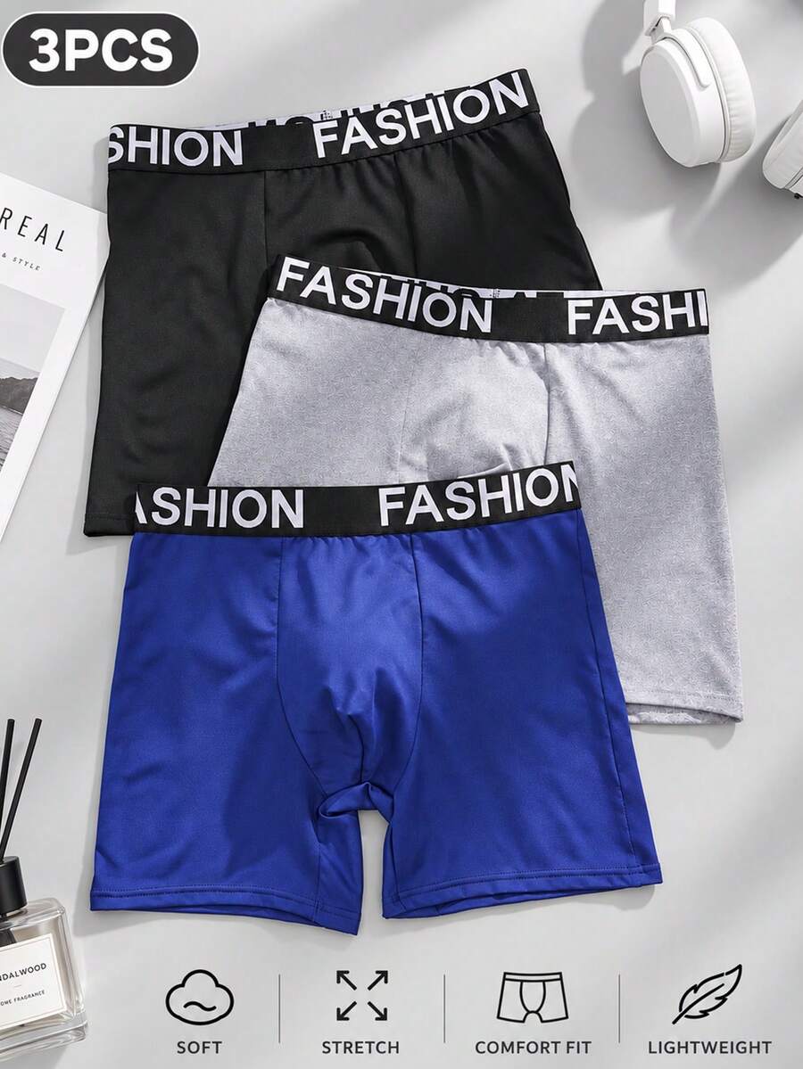 HIALEGION 3pcs Men's Breathable Comfortable Boxer Briefs, Fashion Sports Waistband, Solid Color Casual Underwear - Multicolor - View 1
