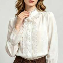 Women's White Floral Lace Ruffle Collar Blouse, Puff Flare Long Sleeve Button Front Vintage Elegant Casual Commute Top, Autumn Layering - White - View 3