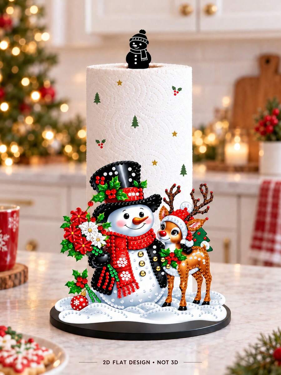 2D FLAT Christmas Decorative Kitchen Paper Towel Holder (No Power Light) - Desktop Tabletop Roll Holder With Display And Storage Function, Reindeer And Snowman Pattern, Suitable For Kitchen, Bathroom, Living Room And Dining Room, Creates Warm Christmas Atmosphere Decorative Ornament, Christmas Holiday Kitchen Desktop Roll Storage Holder, Creative Holiday Home Decor Ornament - Multicolor - View 1