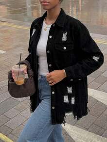 Women's Distressed Denim Shirt Jacket Outerwear - Black - View 4