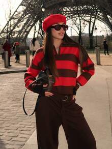 Women's Green Striped Polo Collar V-Neck Pullover Sweater Casual Preppy Knit Top - Red and Brown - View 3