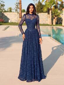Romantic Women's Deep Blue Flare Lace Maxi Dress, Stand Collar Long Sleeve Design, Suitable For Elegant Evening Occasions - Royal Blue - View 5