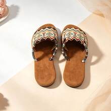 Vintage Geometric Print Woven Strap Flat Slip-On Sandals For Women, Beach Vacation Outdoor Wear And Home Slippers - Multicolor - View 5