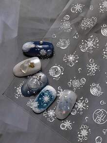 1 Sheet White Snowflake Nail Stickers, Transparent Bubble Moon Star Winter Self-Adhesive Nail Art Decals, Frozen Style DIY Manicure Nail Decorations - Silver - View 1