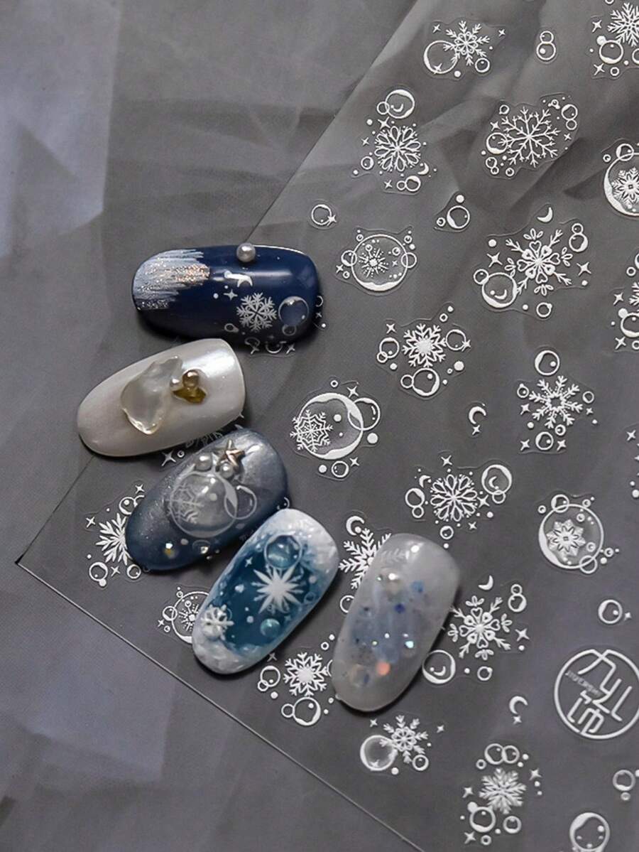 1 Sheet White Snowflake Nail Stickers, Transparent Bubble Moon Star Winter Self-Adhesive Nail Art Decals, Frozen Style DIY Manicure Nail Decorations - Silver - View 1