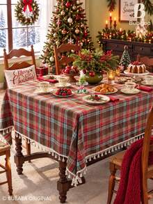 Christmas Plaid Tablecloth With Tassel Fringe, Polyester Rustic Farmhouse Holiday Table Cover For Dining Room Kitchen Christmas Party Decor Christmas Decrotions Christmas Decorations For Home - Red - View 4