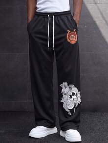 MAISONFOX Men's Pocket Drawstring Waist Casual Loose Skull Printed Long Pants,Draped Loose Fit Long Pants For Daily Wear,Sweatpants For Men,Baggy Sweatpants - Black - View 6