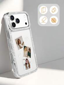 CICIBER 1pc Customized Electroplated Rhinestone Romantic Couple Photo, Love Phrase Text Personalized Phone Case, Suitable For Daily, Wedding, Anniversary, Pet, Family Photos, Printed On 2-In-1 Glossy Protective Hard Shell Phone Case, Compatible With IPhone 11/12/13/14/15/16/17/18 Pro Max, International Version, Not Domestic Version, Couple Phone Case - Silver - View 3