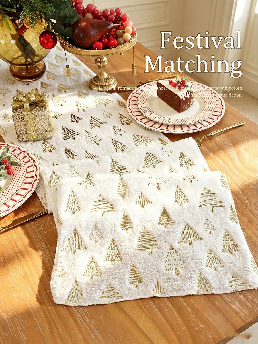 1pc Long Plush Table Runner With Gold Foil Edge & Dense Locked Stitching, Snowflake Christmas Tree & Reindeer Pattern, Suitable For Dining Room, Living Room Tabletop Decor, Holiday Gift & Party Decoration, Multiple Styles Available - White - View 1