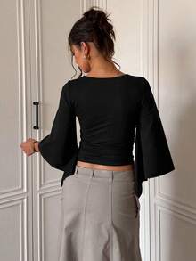 Women's Elegant Deep V-Neck Short Top, 3/4 Flare Sleeves, Fitted Ruched Waist, Basic T-Shirt Suitable For Casual Daily Wear - Black - View 3