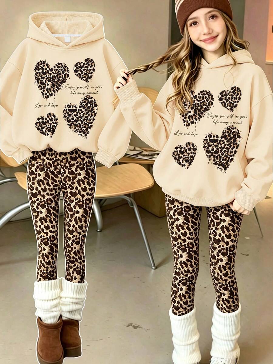 Girls Sweet Versatile Fashion Leopard Print Heart Print Hoodie Sweatshirt With Leopard Print Slim Fit Leggings, 2pcs Set For Autumn/Winter - Apricot - View 1