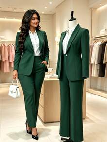 Plus Size Women's Casual 2-Piece Set, Elegant Plus Size Professional Suit With Button Detail, Regular Sleeve Blazer And Pants, Suitable For Business, Office, Exhibitions, Formal Meetings - Dark Green - View 2