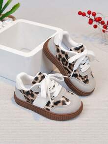 New Vintage Leopard Print Patchwork Lace-Up Sneakers, Soft Non-Slip Rubber Sole, Breathable Lining, Suitable For Daily Walking, Outdoor Play, Toddler Shoes - Light Grey - View 6