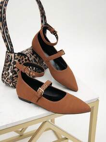 Women Brown Suede Pointed‑Toe Mary Jane Flats, Double Buckle Strap Ankle Strap Casual Office Dress Shoes - Brown - View 2