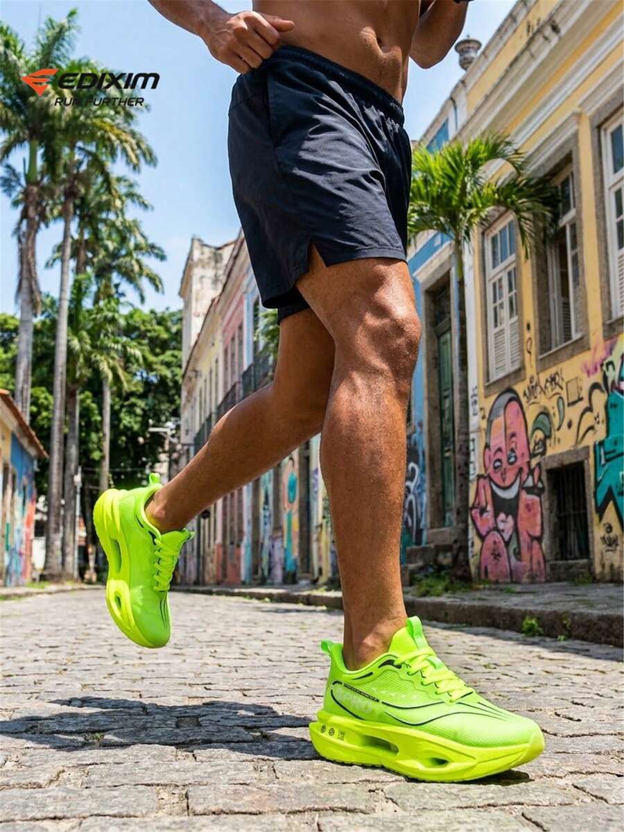 EDIXIM Sepatu Lari Pria Model Baru Musim Semi/Gugur 2026, Sepatu Lari Jalan Raya Berbahan Jala Bernapas, Sol Lembut Peredam Guncangan - Hijau fluoresensi - View 1