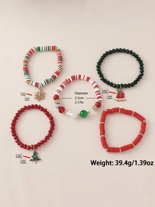 5pcs Christmas Red & Green Contrast Christmas Tree Snowflake Pendant Seed Bead Layered Bracelet Set, Women's Holiday Party Gathering Wear, Family Gift - Multicolor - View 4