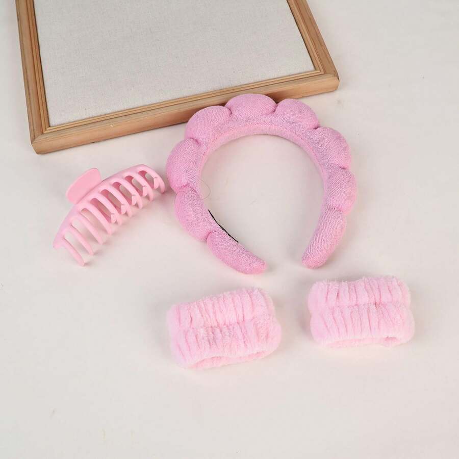 High Crown Cloud Sponge Headband Set, Creative Hair Hoop, Face Wash Makeup Hair Tie, Hair Clip Set - Pink - View 1