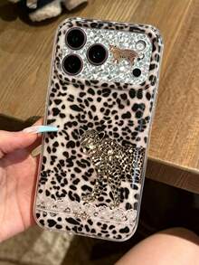 Luxury Retro Laser Leopard Print Lace Blingbling Irregular Rhinestone Sequin Pattern Lens Protection Phone Case Compatible With IPhone 18 Pro Max 18 Pro 17 Pro Max 16 Pro Max 15 Pro Max 13 14 Pro Max Autumn Cool Soft Bulge Air Cushion Protective Cover - Leopard - View 4