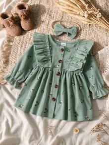 Baby Girl Mori Style Spring/Autumn 2pcs Set, Button Front Opening Olive Green Floral Corduroy Ruffle Long Sleeve Princess Dress + Matching Headband - Green - View 1