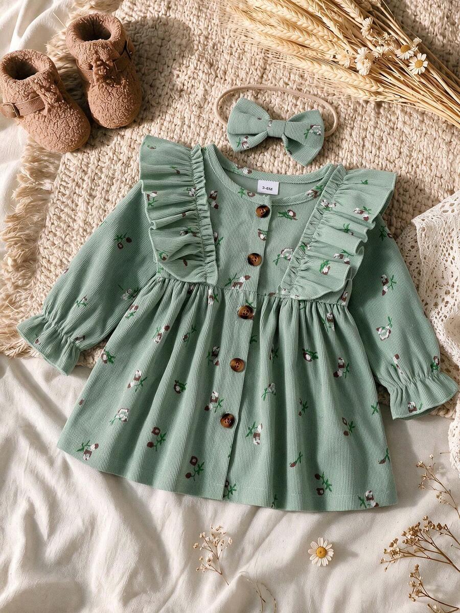 Baby Girl Mori Style Spring/Autumn 2pcs Set, Button Front Opening Olive Green Floral Corduroy Ruffle Long Sleeve Princess Dress + Matching Headband - Green - View 1