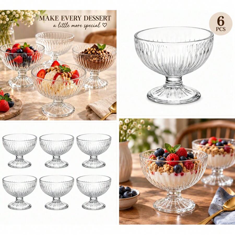 6-Piece Clear Ribbed Glass Dessert Bowls With Pedestal Base – Elegant Ice Cream, Fruit & Pudding Serving Cups
