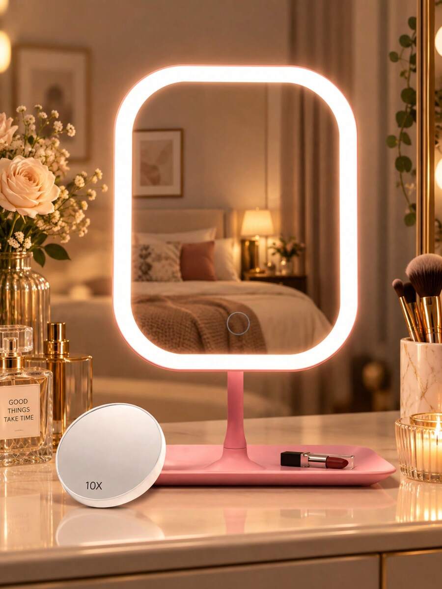 LED Lighted Makeup Mirror, 3 Lighting Modes, Touch Control, Portable Stand, Foldable Compact Vanity Mirror, Travel Makeup Mirror, Rechargeable, LED Cosmetic Mirror, Great Christmas Gift For Women