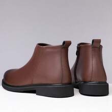 Men's Smooth Leather Side Zipper Ankle Boots Heel Pull Tab Round Toe Low Block Heel Black Office Business Casual Daily Wear Shoes - Brown - View 9