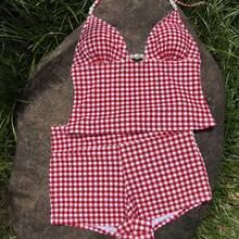 Women's 2pcs Red & White Plaid Bikini Shorts Set, Pearl Decor, Elegant Swimsuit Set, Suitable For Summer Beach Vacation Party - Multicolor - View 4
