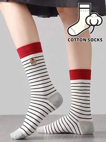 1 Pair Cute Cartoon Bear Embroidered Round Mouth Socks, Striped Print Contrast Color Cuff And Toe, Soft Cotton Women's Socks - Multicolor - View 1