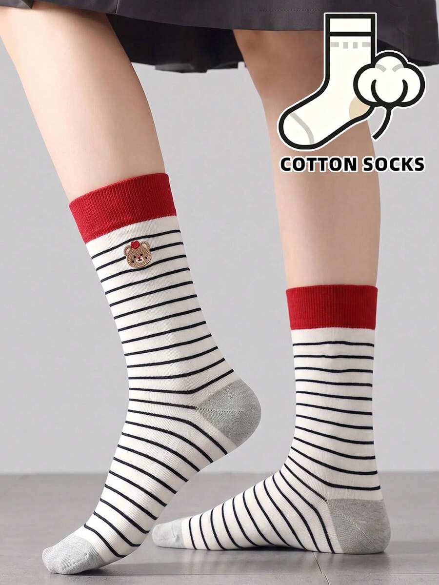 1 Pair Cute Cartoon Bear Embroidered Round Mouth Socks, Striped Print Contrast Color Cuff And Toe, Soft Cotton Women's Socks - Multicolor - View 1