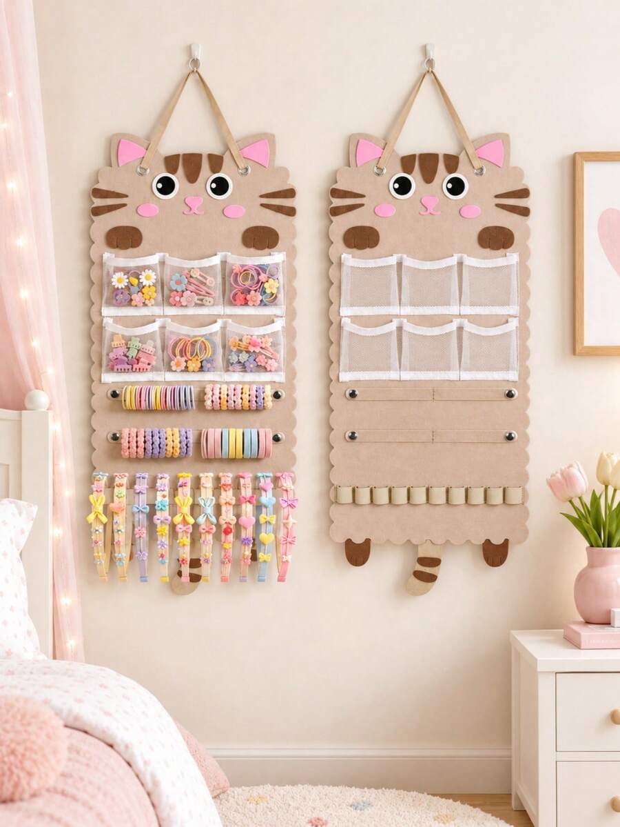 1pc Yellow Tabby Cat Shaped Hanging Storage Bag, Multi-Functional Hair Accessory Organizer, Can Store Hair Clips, Hair Ties And Glasses, Combines Hanging Storage Box And Storage Bag Functions, Suitable For Room Decor, Home Decor, Wardrobe And Dormitory - Yellow - View 1