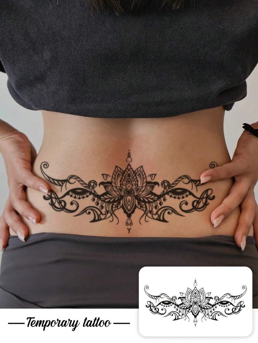 1pc Temporary Tattoo, Temperature Sensitive Color Changing Lotus & Evil Eye Waist Floral Pattern Black To Pink, Realistic Fake Tattoo Design, For Daily, Bachelorette Party Favors, Music Festival, Game, Graduation Gift, Lasts 3-5 Days - Multicolor - View 1