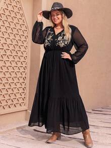 Women's Plus Size Floral Embroidered Knot Collar Lantern Sleeve Dress - Black - View 3