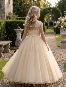 Elegante vestido de tul color champán para niña de las flores con espalda abierta, bordado floral de encaje, vestido largo de malla, vestido para niñas, vestido de princesa, vestido de noche, vestido de graduación, fiesta, adulto, fiesta de cumpleaños, niña de las flores de boda, disfraz de concurso - Champán - Ver 1