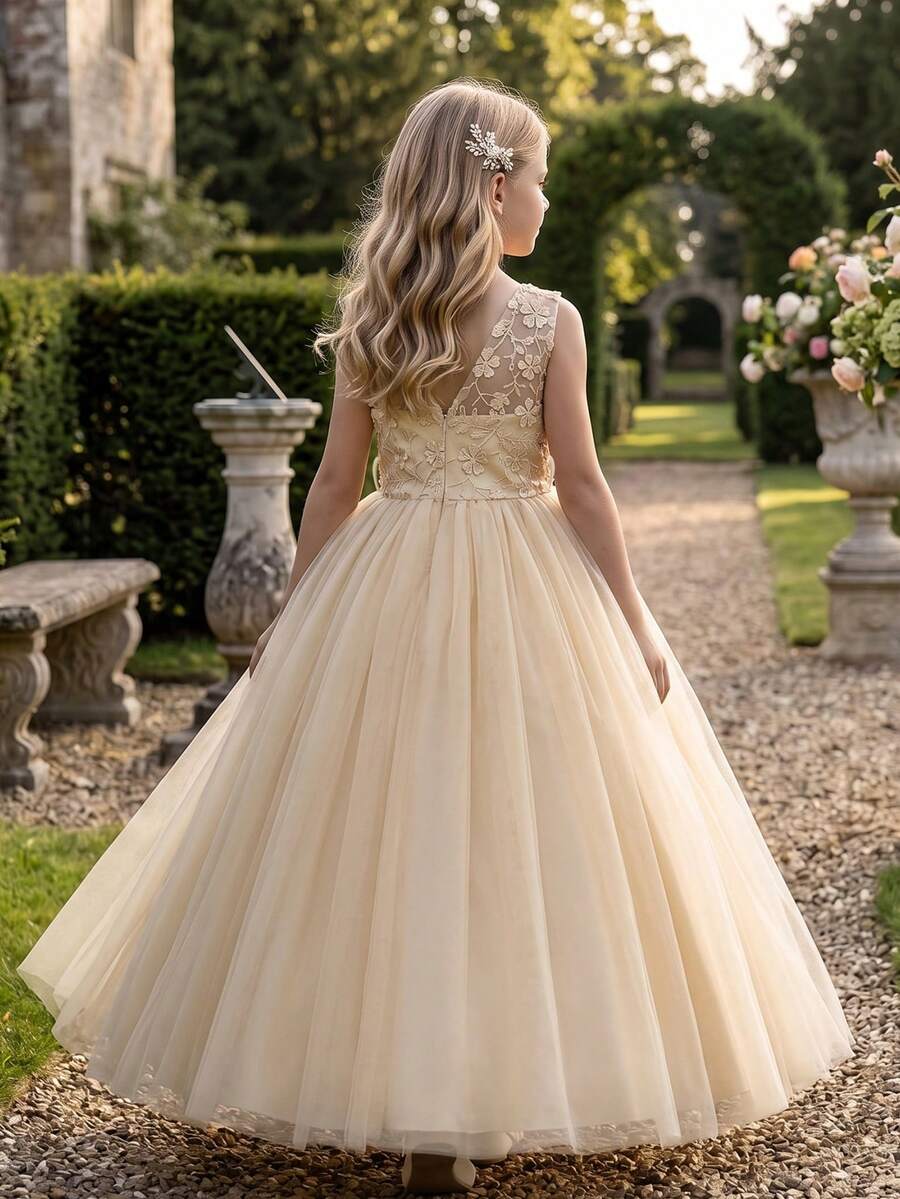 Elegante vestido de tul color champán para niña de las flores con espalda abierta, bordado floral de encaje, vestido largo de malla, vestido para niñas, vestido de princesa, vestido de noche, vestido de graduación, fiesta, adulto, fiesta de cumpleaños, niña de las flores de boda, disfraz de concurso - Champán - Ver 1