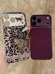 Luxury Retro Laser Leopard Print Lace Blingbling Irregular Rhinestone Sequin Pattern Lens Protection Phone Case Compatible With IPhone 18 Pro Max 18 Pro 17 Pro Max 16 Pro Max 15 Pro Max 13 14 Pro Max Autumn Cool Soft Bulge Air Cushion Protective Cover - Leopard - View 2