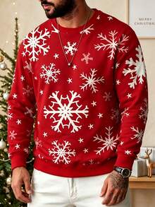 Men's Christmas Red Snowflake Print Crew Neck Sweatshirt, Loose Casual Holiday Pullover, Autumn/Winter - Multicolor - View 3