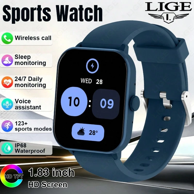 LIGE Smart Watch (Unisex): Pedometer, Waterproof Sports & Fitness Functions, Heart Rate/Blood Pressure/Sleep Monitoring, Alarm, Message Notification, Weather Display, Camera Control, Sedentary Reminder; Compatible With Android And IOS Systems. - View 1