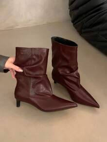 Suede Mid-Heel Square Toe Solid Color Commuter Slimming Chunky Heel Back Zipper Fashion Ankle Boots - Burgundy - View 9