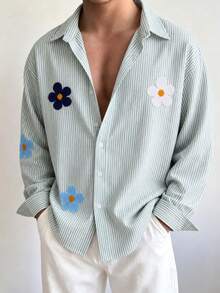 Krometka Men's Striped Floral Pattern Loose Lapel Long Sleeve Shirt, Street Style Oversize Casual Blouse - Green - View 4
