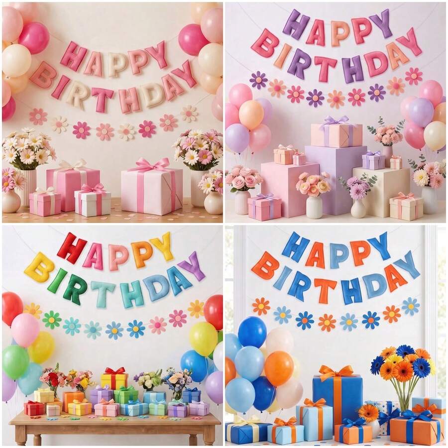 4pcs Colorful Happy Birthday Felt Banner Set, Letter Flags With Garland, Felt Birthday Party Decorations, Baby Shower Party Backdrop Decor - A - View 1