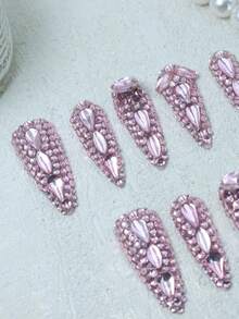CrystalHola Fall/Winter Nails,Handmade Almond-Shaped Nails, Y2K, Pink Nails With Full Coverage Rhinestone, French Tip Nail, Pure Handmade Nails. Suitable For Girls.Fits Parties,Weddings, And Daily Wear. A Great Gift For Girls And Women.Handmade False Nails - Multicolor - View 2