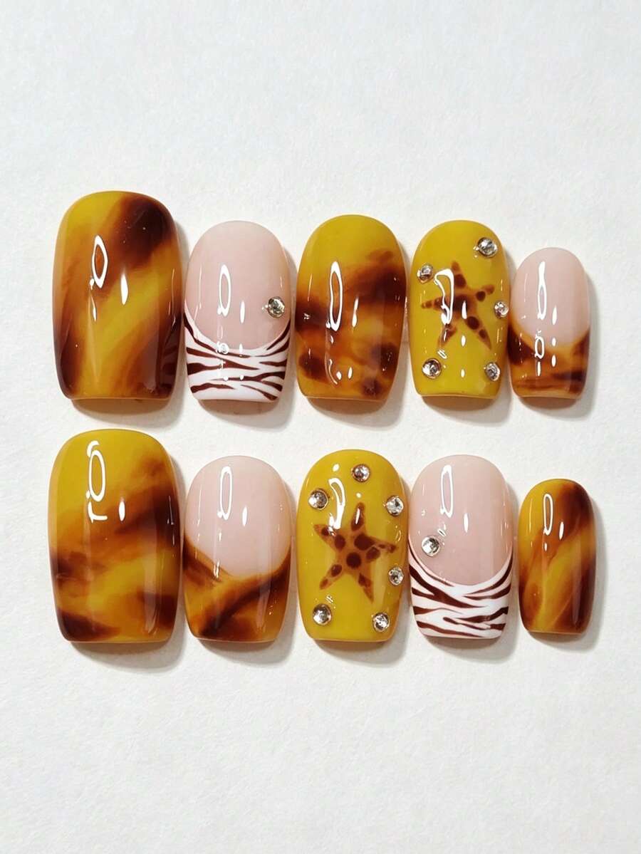 10PCS Short Square Press On Nails, Amber Tortoise Shell Yellow Starfish Zebra Stripe French Tip Handmade Fake Nails, Rhinestone Decor Reusable Wearable False Nails For Winter And Autumn Nail Decor - Multicolor - View 1