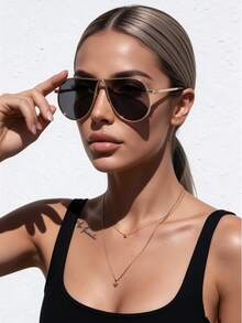1pc Women's Vintage Aviator Fashion Glasses, Oversized Metal Frame + Letter Decoration, Suitable For Daily Use - Gold Frame Black and Gray Film - View 6