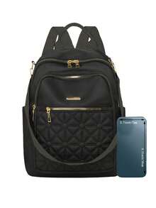 Black Rhombus Embroidery Backpack For Women, Large Capacity Multi-Pocket Daily School Travel Bag - Black - View 6