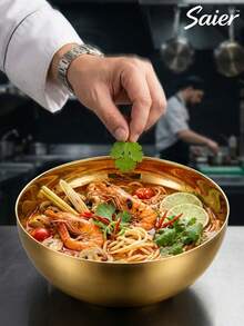 Korean Style Large Gold Stainless Steel Bowl, High Capacity Ramen Bowl, Soup Bowl, Instant Noodle Bowl, Stackable For Easy Storage, Durable And Anti-Drop, High Aesthetic Value, Modern Minimalist Kitchenware - Multicolor - View 6