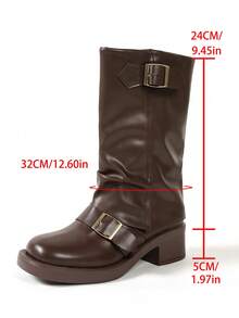 Women's Black Fashion Ankle Boots, New Buckle Design, European And American Niche Style, Chunky Heel Thick Sole, Lightweight - Brown - View 6