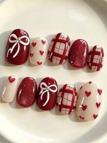 10Pcs Christmas Short Oval Press On Nails,Reusable Handmade False Nails,Nude & Deep Red Base,3D White Bowknot With Rhinestone,Red Plaid & Heart Pattern,Red Glitter,Ins Sweet Festive Nail Art For Xmas Party Daily Holiday Manicure - Multicolor - View 2
