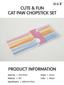OCE Cute Cat Paw PET Chopsticks Set, 5 Pairs Macaron Color Reusable Chopsticks, Kawaii Non-Slip Tableware For Home Dining & Gift - View 2